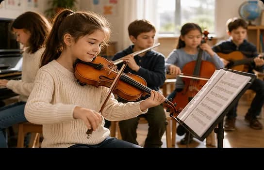 Élèves des Sarments jouant du violon en cours de musique